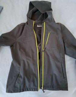Charcoal grey free tech soft shell jacket with neon green detailings