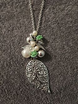 Vintage Silver Tone Leaf Pendant Necklace with Bead Accents