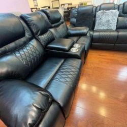 Black Friday sale now. Santiago, black leather reclining sofa and loveseat set only $1299. Easy finance option. Same day delivery.