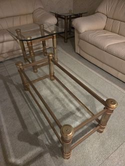 3 Piece Livingroom Table Set - 2 End Tables 1 Coffee Table - Gold With Glass Top **Local Pick Up Only**