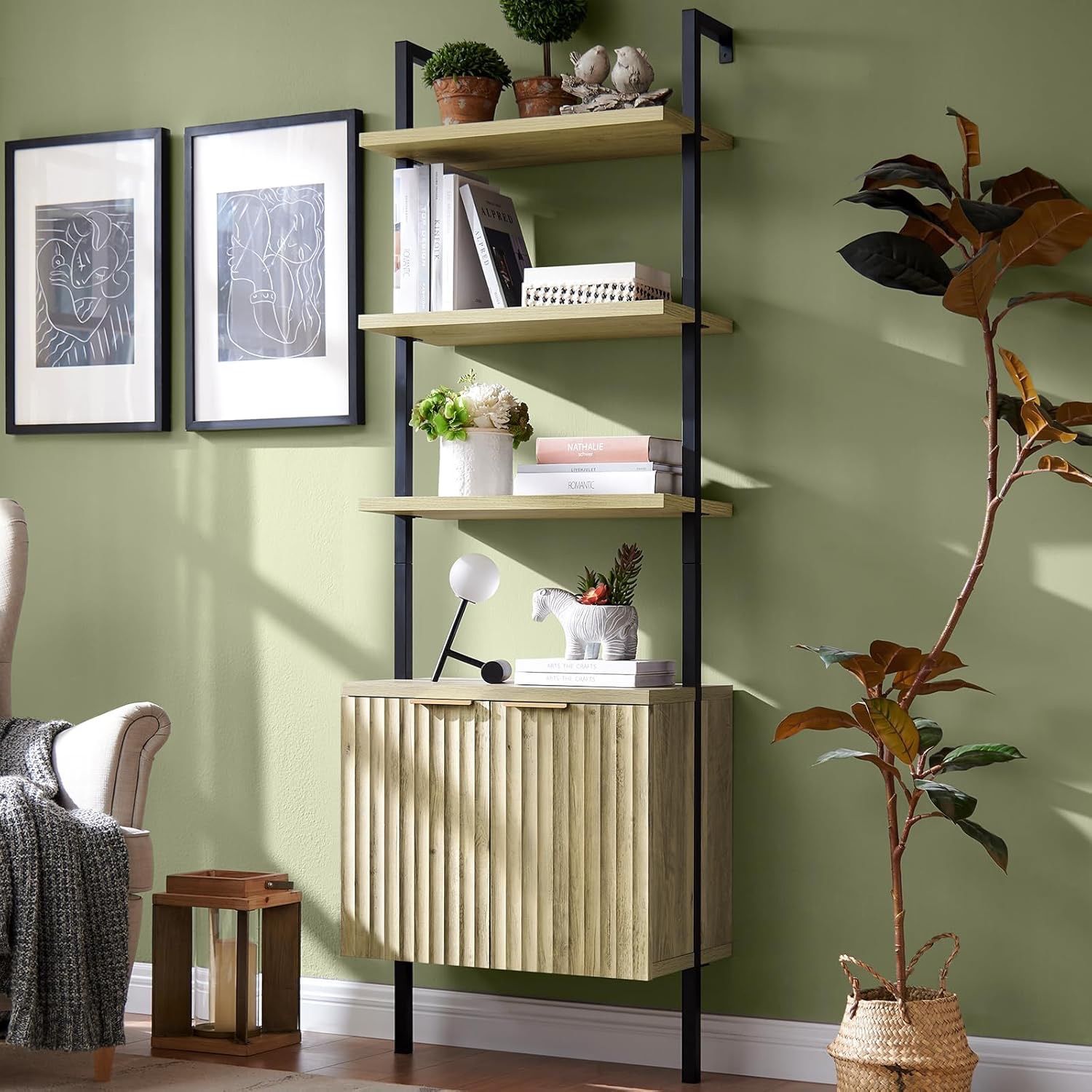 Oxford Bookshelf, Ladder 5 Tier Open Bookshelf, Tall Book Shelf with Cabinet, Wall Mount Bookshelves with Display Rack, Bookcase with Shelves for Bedr
