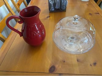 Princess house Kitchen/Dining Decor Bundle - Ceramic Red Pitcher & Glass Cake Dome