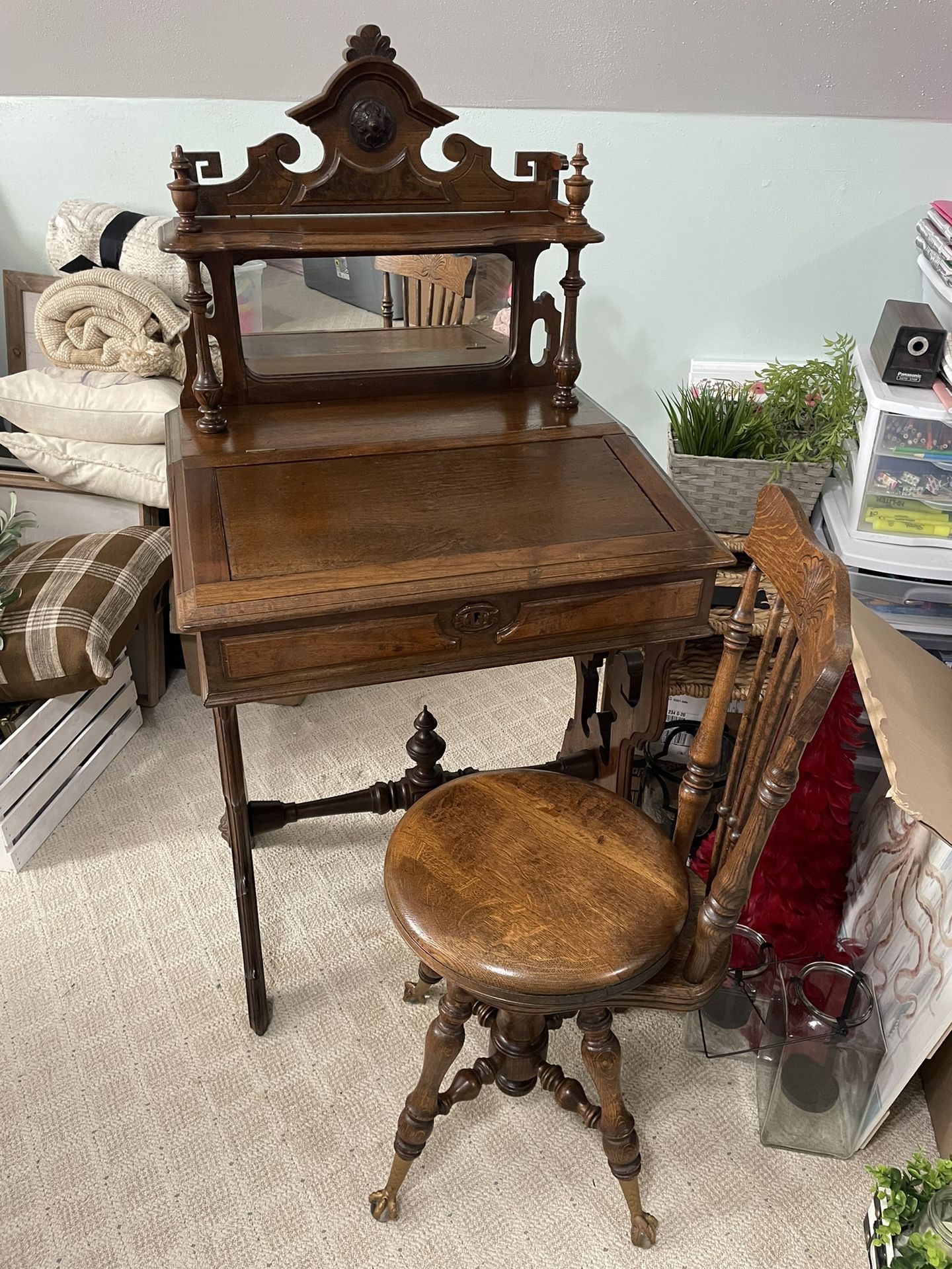 Antique Ladies Desk And Organ Chair