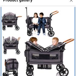 MRZLB Luxury Wagon Stroller for 2 Kids & Cargo-Lightweight Foldable - Light Grey