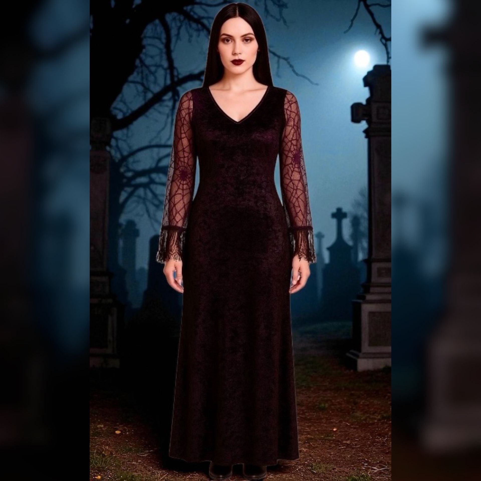 Spider Countess Women’s Halloween Costume Dress S-M Gothic Velvet Spiderweb Witch