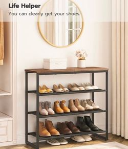 HOOBRO Shoe Rack, 4 Tier Shoe Storage Organizer with 3 Oxford Fabric Shelves and Top Panel, Holds 12-16 Pairs of Shoes for Entryway and Closet, Indust