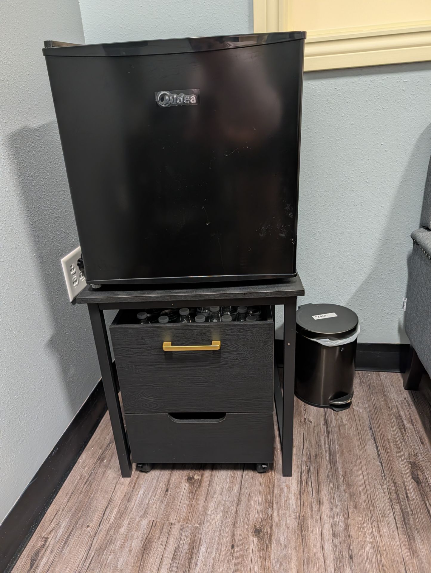 Mini refrigerator with stand and storage