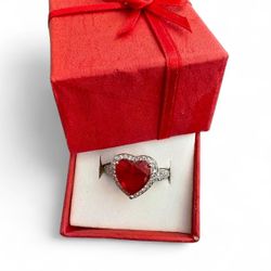 Silver tone Red heart-shaped crystal ring with white zirconias size 7 