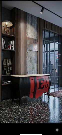 E70" Statement Cabinet / Credenza  Rare Avant-Garde Industrial Red & Black Bow-Front Chest