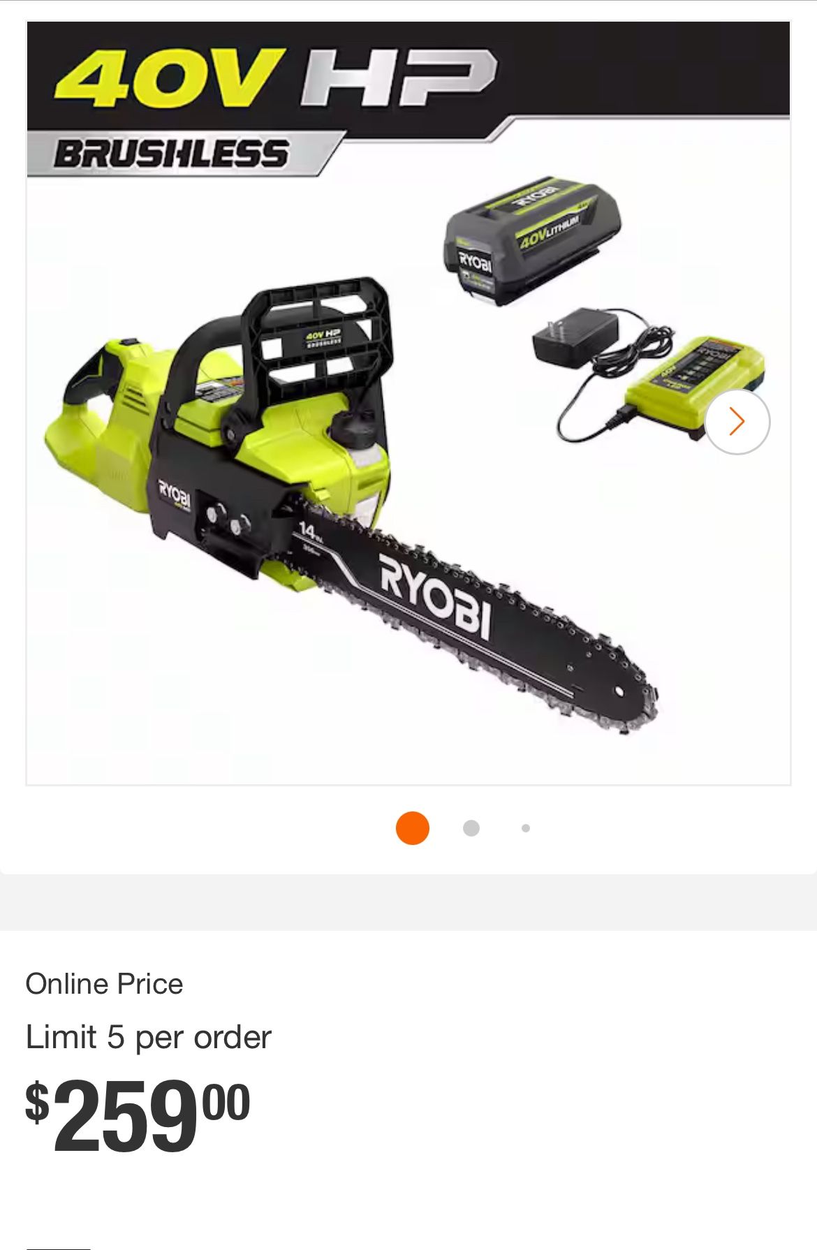 RYOBI 40V HP Brushless 14 in. Battery Chainsaw with 4.0 Ah Battery and Charger