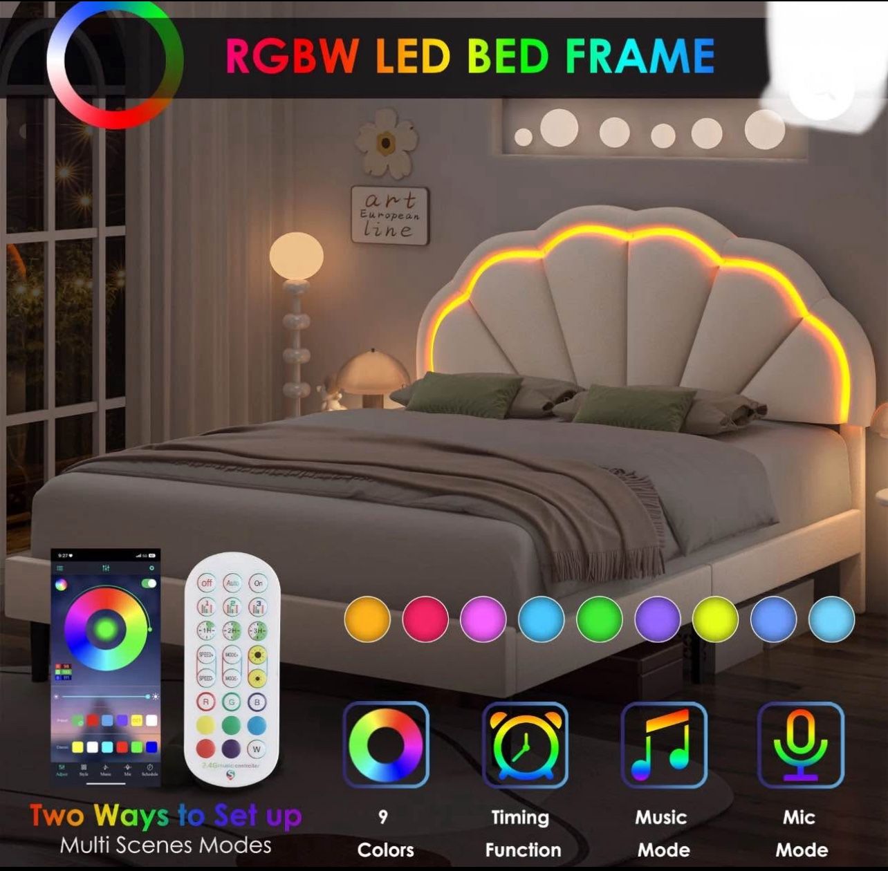 LED Bed Frame, Queen Size Bed, Velvet Upholstered Platform Bed, New in Box 