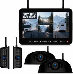 Wireless 4 Channel RV Backup Camera Furrion Pre-Wired RV Truck Trailer, 10” IPS Monitor 2 Side View 2 Rear, Split Screen IR Night Vision Recording Wat