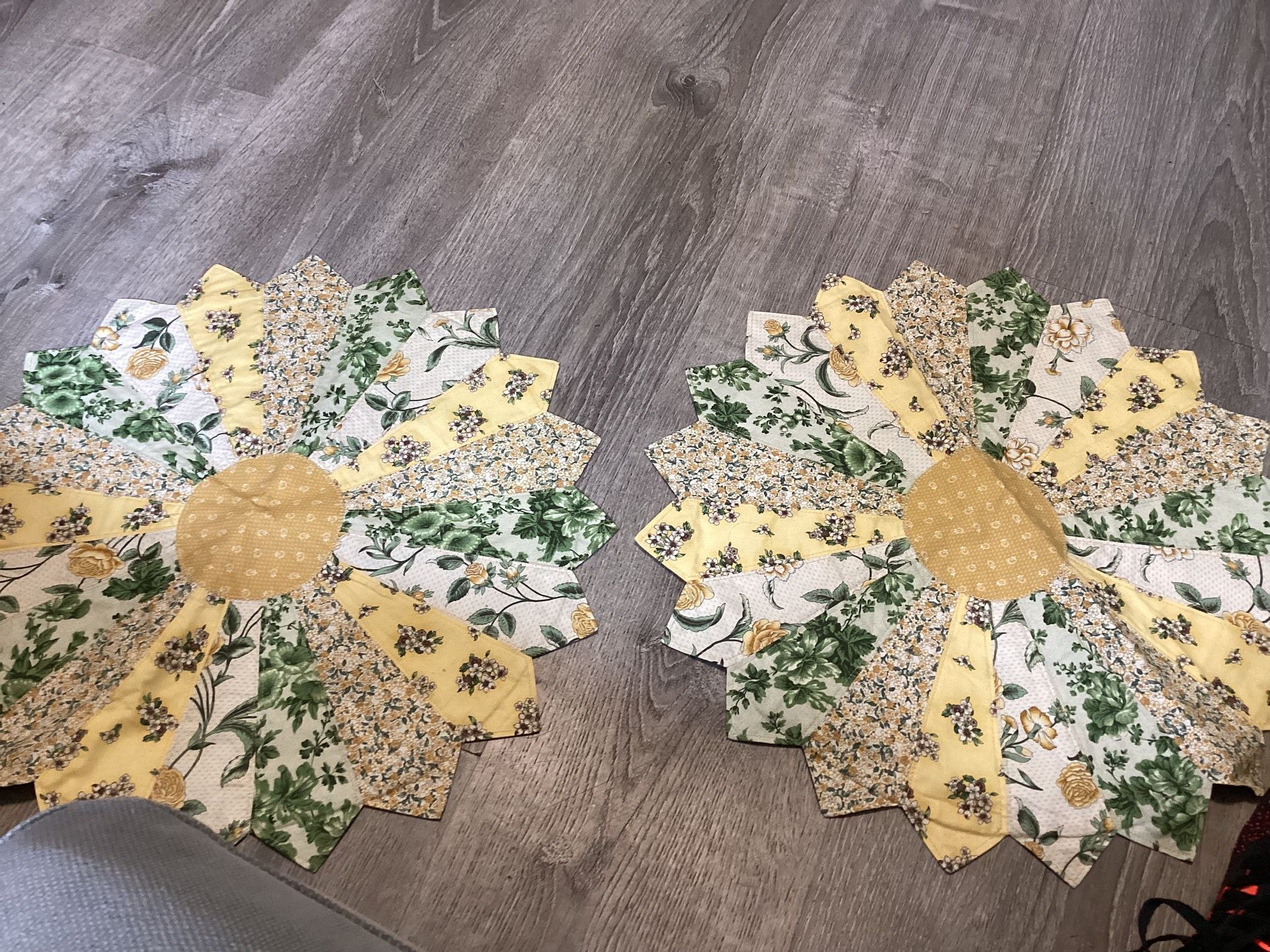 handmade Quilted centerpieces Green and yellow and beige flowered reversible 21”