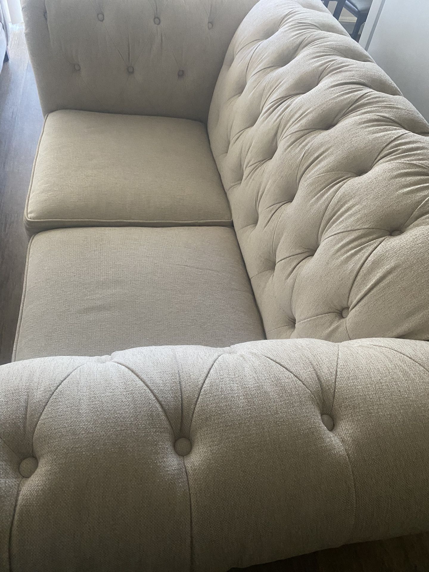 Chesterfield Sofa Fabric and Color: Oatmeal, Performance Boucle