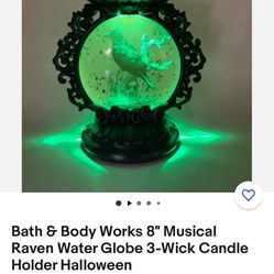 Bath & Body Works 8" Musical Raven Water Globe 3-Wick Candle Holder Halloween