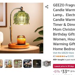 GEEZO Electric Candle Warmer Lamp with Timer & Dimmer Green Glass Shade Wood Base