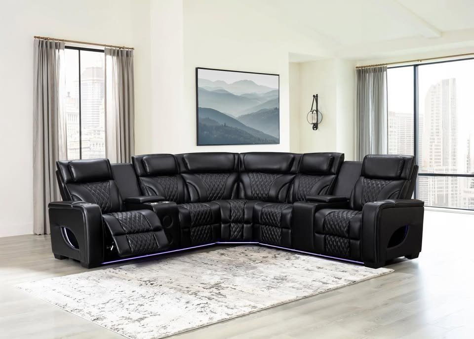 Brand New Sleek Zero gravity 3Pc black Power reclining sectional w/Power headrest & more features