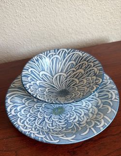 Pier 1 Blue & White Porcelain Plate & Bowl Set