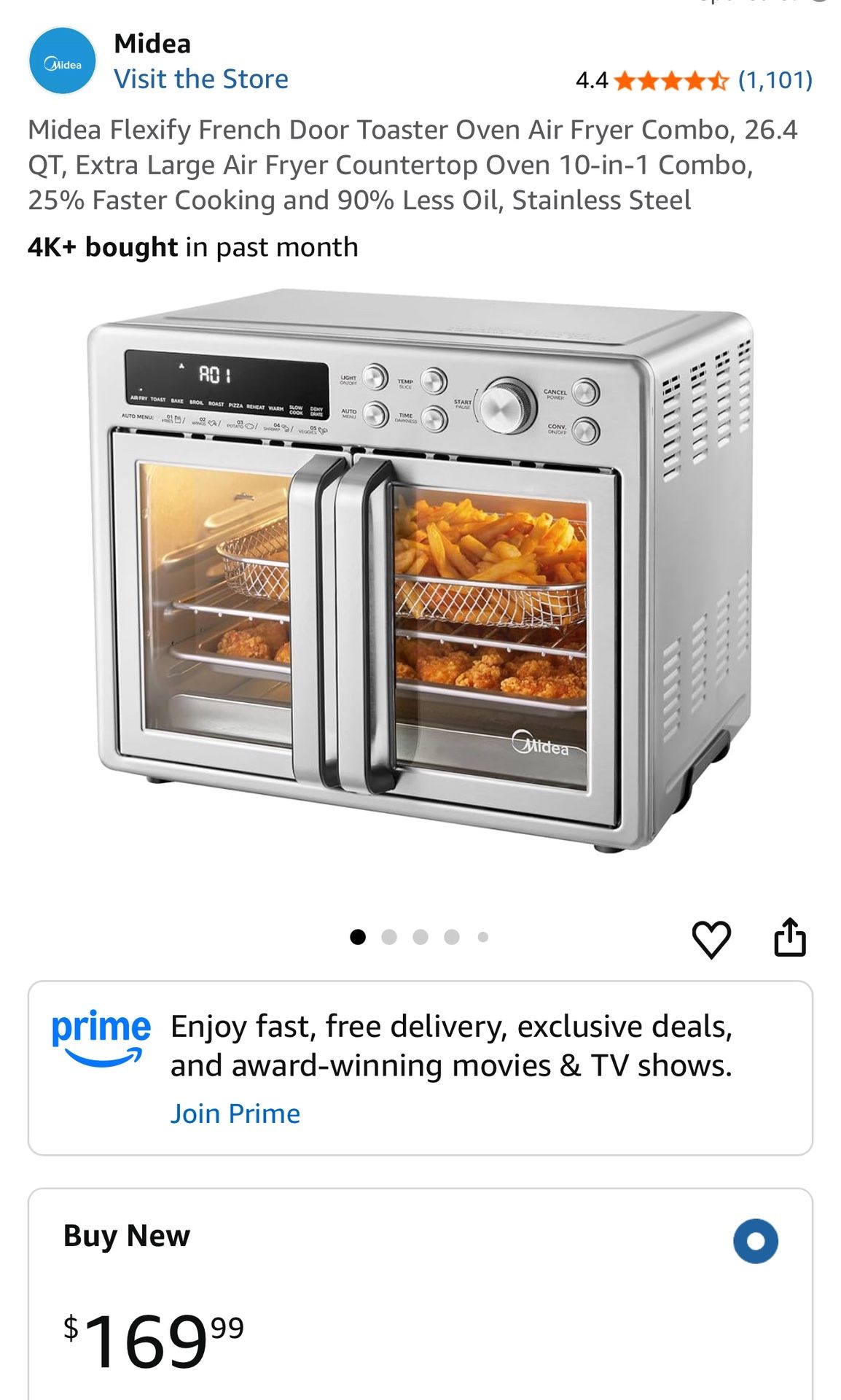 Midea Flexify French Door Toaster Oven Air Fryer Combo, 26.4 QT, Extra Large Air Fryer Countertop Oven 10-in-1 Combo, 25% Faster Cooking and 90% Less