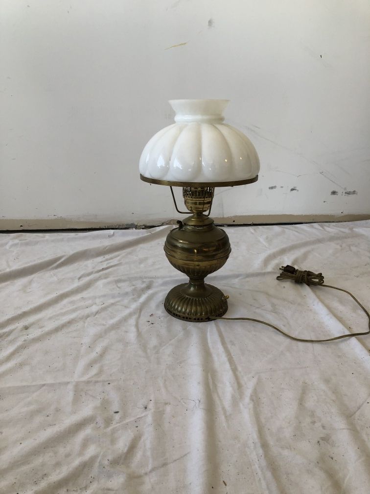 Antique Brass Table Lamp w/ White Glass Shade Milk Glass