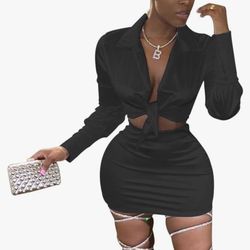 Black Two Piece Satin Skirt Set