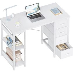 40 Inch Small White Computer Desk with 4 Fabric Drawers, Modern Office Desk for Home Office Gaming with Storage Shelves Study, White