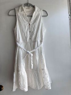 White Eyelet Sleeveless Dress with Tie Waist