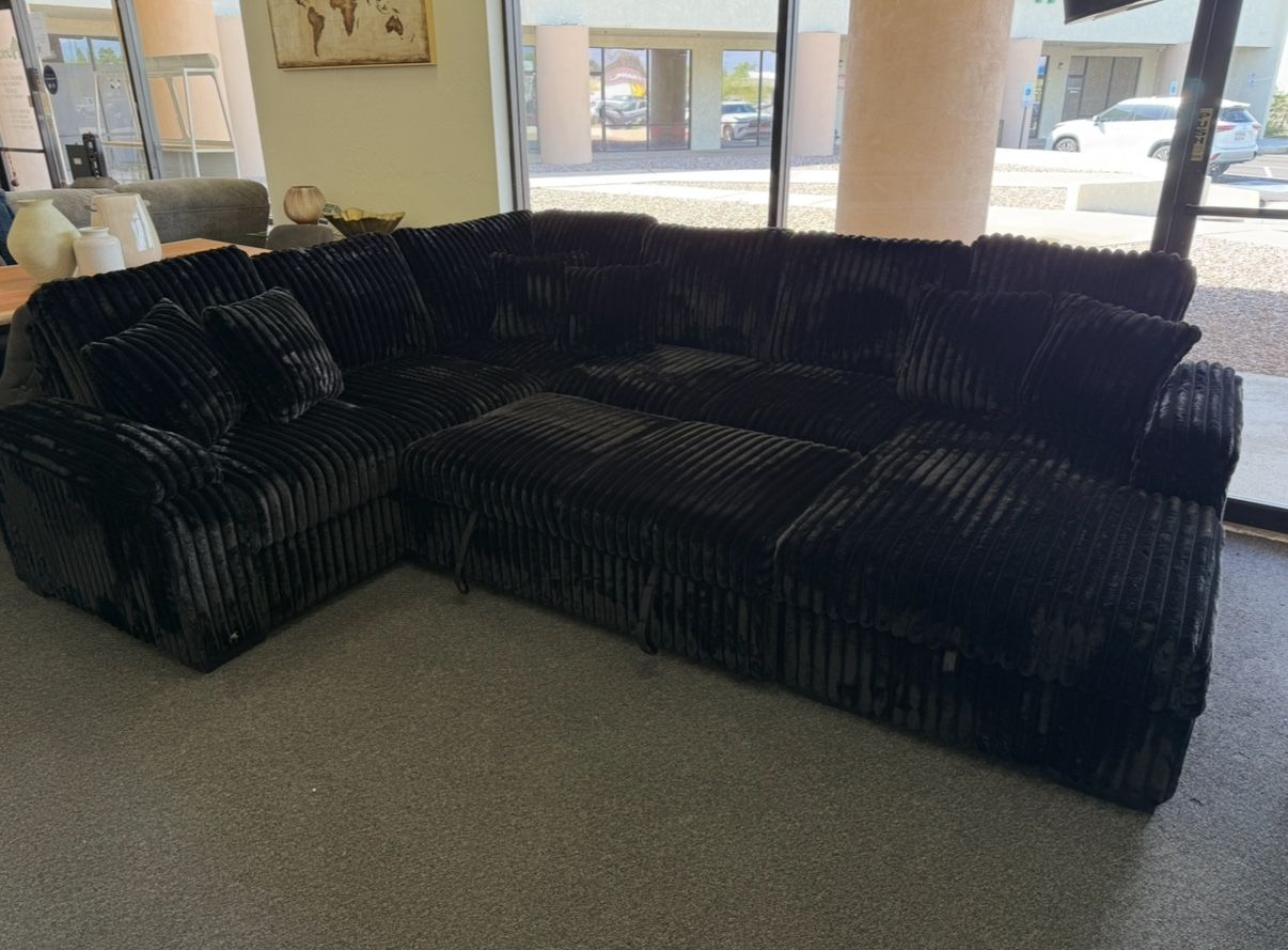 Black Corduroy Sleeper Sofa With Pull Out Bed And Storage Chaise Lounge