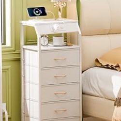 5 FABRIC Drawers Top Wood Dresser Storage with Charging Station Outlets and USB Ports Size Length 16", Width 12", Height 43" New Condition Assembled