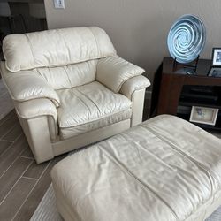 Oversized Beige  Leather Chair With Matching Leather Ottoman
