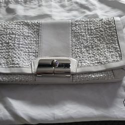 Coach White Woven Clutch Silver Hardware Pink Satin Lining Original Dust Bag