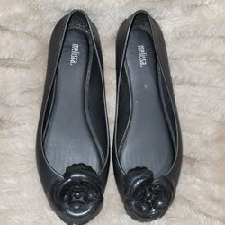 Adult MELISSA (Size 9) Black Rosette Ballet Flats Jellies Comfort Flats Excellent Condition PRICE Is Firm Cash Only 