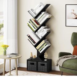 Vagusicc 6 Tier Tree Bookshelf - Modern Shelf Floor Standing Bookcase with Baskets, Tall Wood Book Storage Rack for Books/CDs, Tree Utility Book Organ
