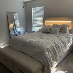 Queen Bed Set With LED Light Headboard & Attached Storage Ottoman