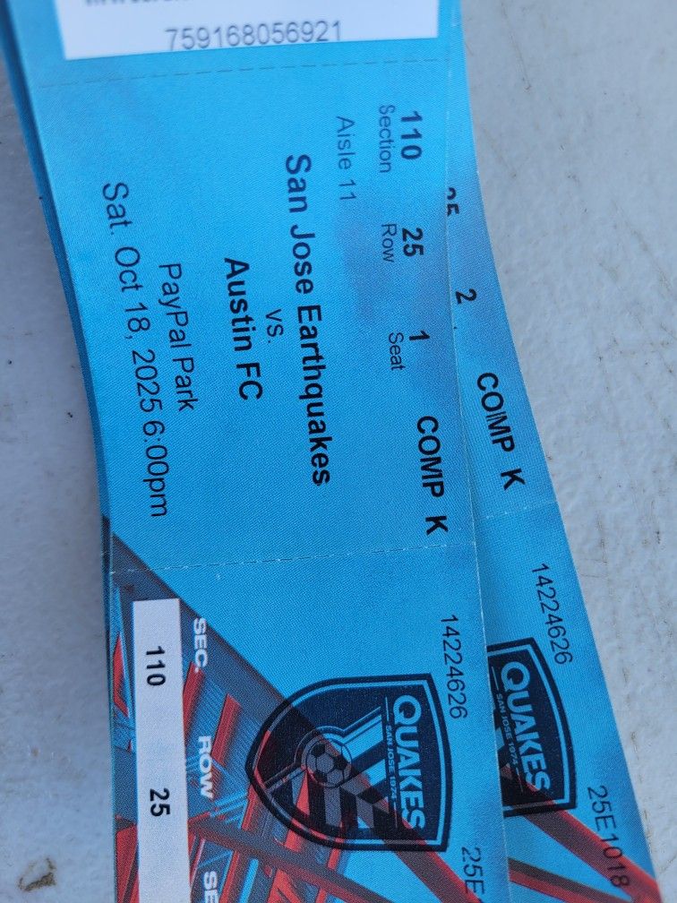 San Jose Earthquakes Vs Austin FC @ Paypal Stadium  /sat 18/ Sec 110