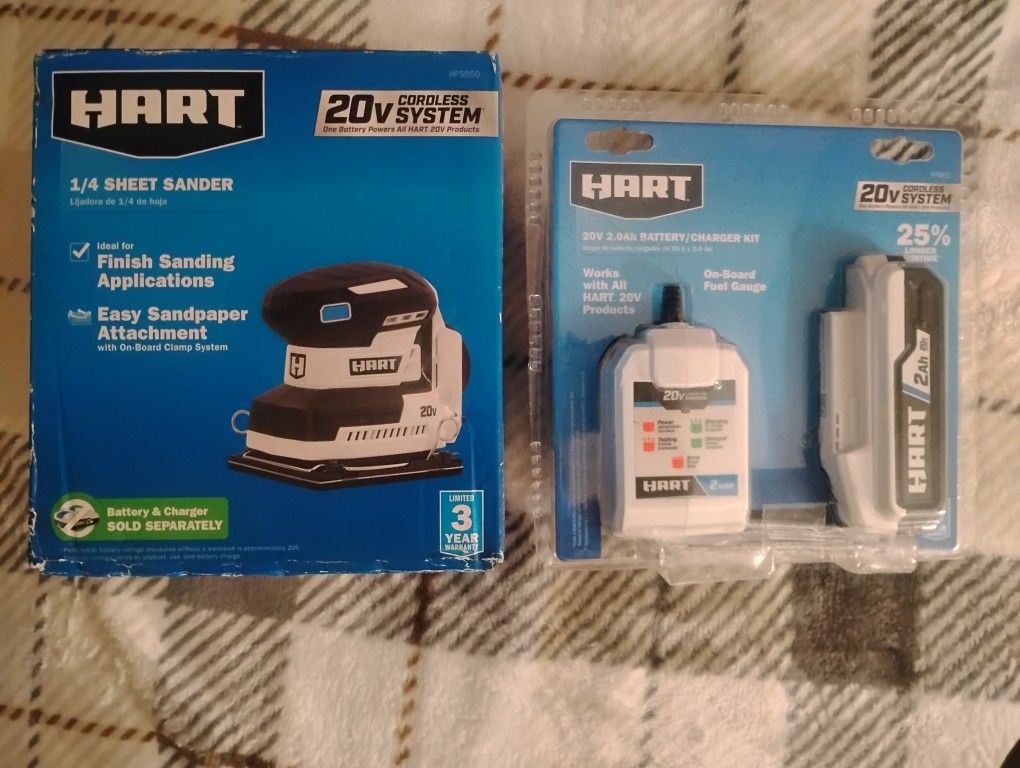 Hart 20 Volt Cordless 1/4" Sheet Sander With (1) 2Ah Battery, And (1) Fast Charger Starter Kit.