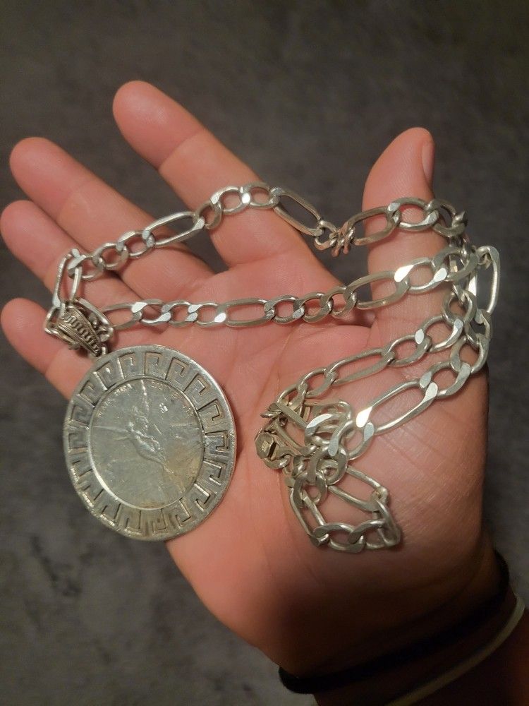 Silver Necklace and coin Pendant 