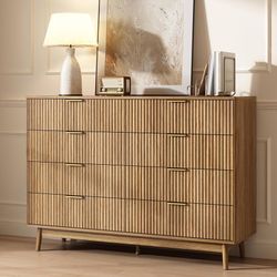 M351-Fluted 8 Drawer Dresser for Bedroom, 55" Wide Wooden Chest of Drawers with Rounded Corners, Gold Handles, Modern Storage Organizer for Bedroom, H
