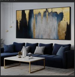 Large Framed Blue Gold Abstract Canvas Wall Art for Living Room 29x58 Inch