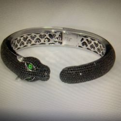 Black Spinel Sterling Silver Panther Bangle Bracelet 7.25 “ Silver 38 g