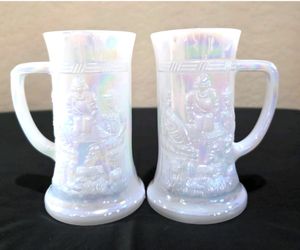 Fenton Federal Opalescent Carnival White Beer Stein Tavern Scene Mugs 6" x 2  Glasses Milk Glass