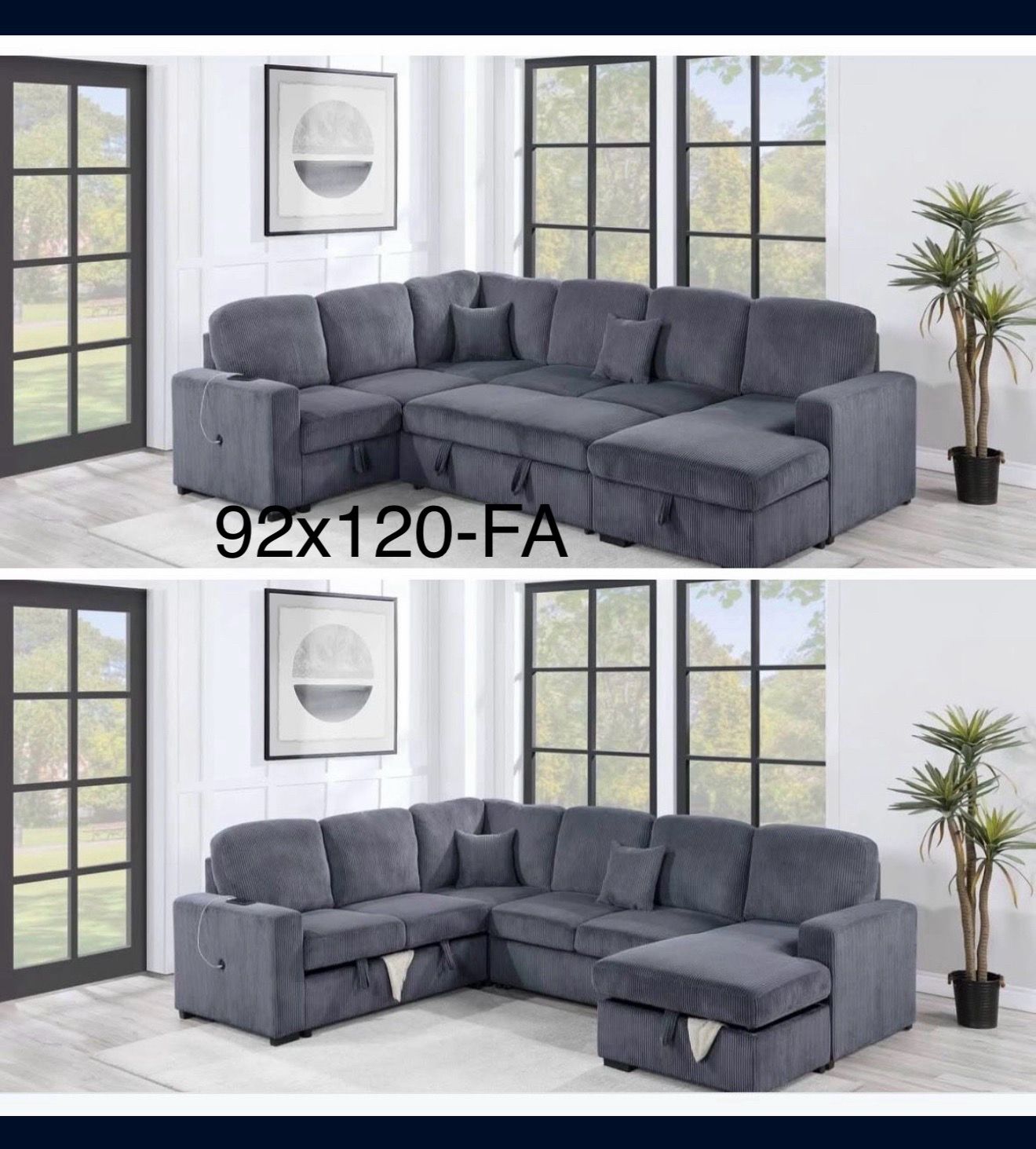 $650 sectional couch pull out bed with storage plus Chase storage usb