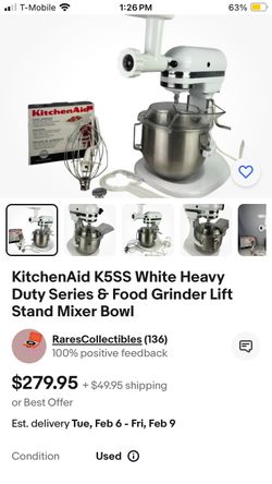 KitchenAid K5SS Heavy Duty Series 5 Quart Stand Mixer w/Bowl White Tested