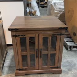 End Table with Charging Station,24" Large Sofa Side Table with Glass Barn Door, Rustic Wood Nightstand Bedside Table with Adjustable Storage Shelf for