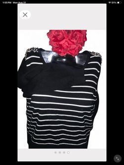 Black and White Striped Knit Top with Shoulder Embellishments