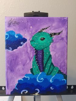 Killian Signed Original Dragon & Class Painting on Canvas, Fantasy, Unframed