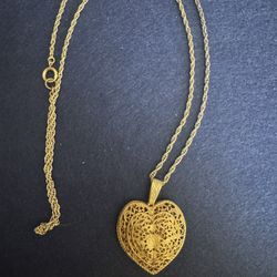 Vintage Gold Filigree Miriam Haskell Heart Pendant and Necklace
