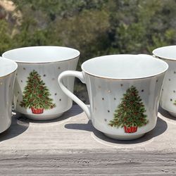 Vintage George Good Christmas Tree Mugs Gold Trim Japan - Set of 6