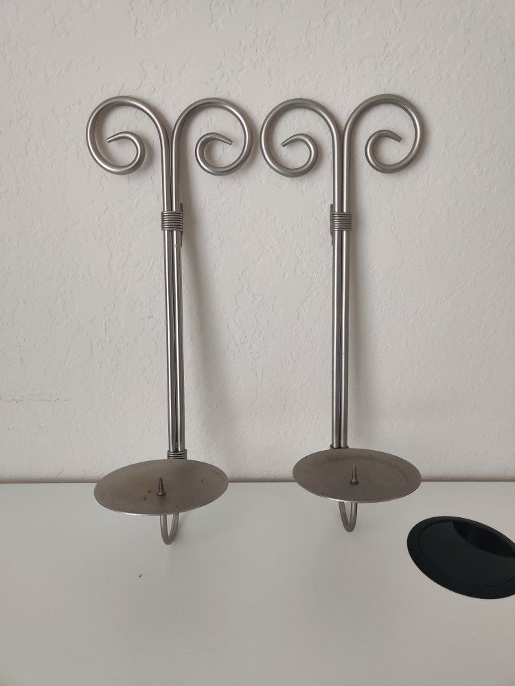 Metal Pillar Candle Holders - Sconce Silver Wall Mount 14"