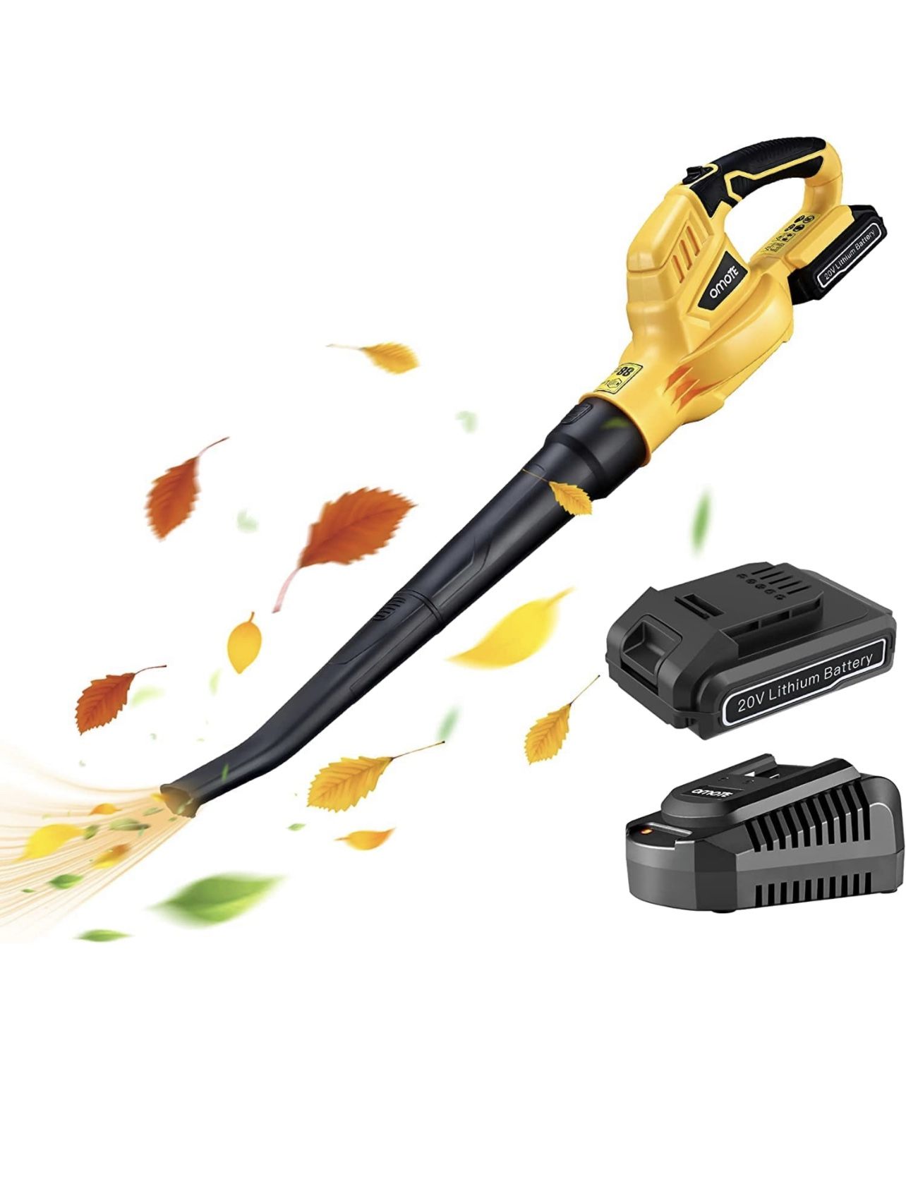 OMOTE Cordless Leaf Blower, 20V 2.0Ah Battery and Charger Included, Low Noise, Lightweight Leaf Blower Battery-Operated with One Button Control